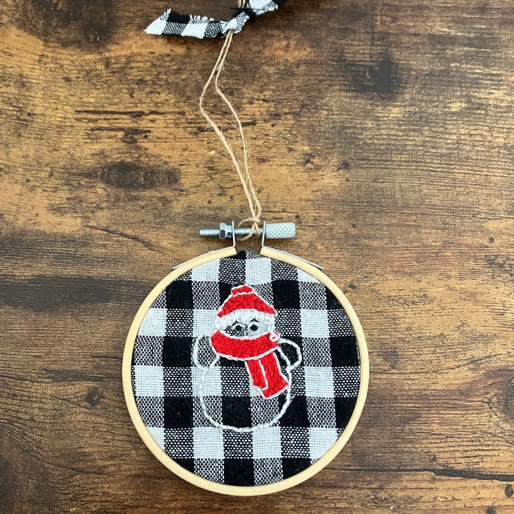 Hand Embroidered Snowman Christmas Ornament Buffalo Plaid, Embroidery Hoop Art